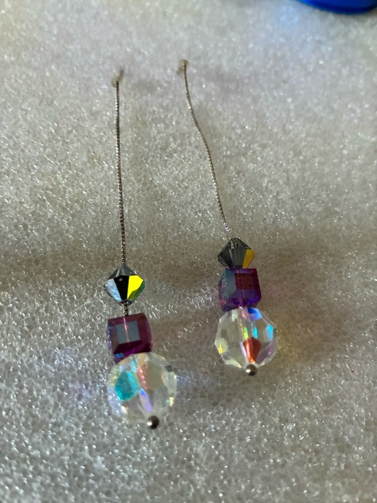 Earrings Jewelry - Silver Drop Crystal Threader Earrings with Purple and Iridescent Beads